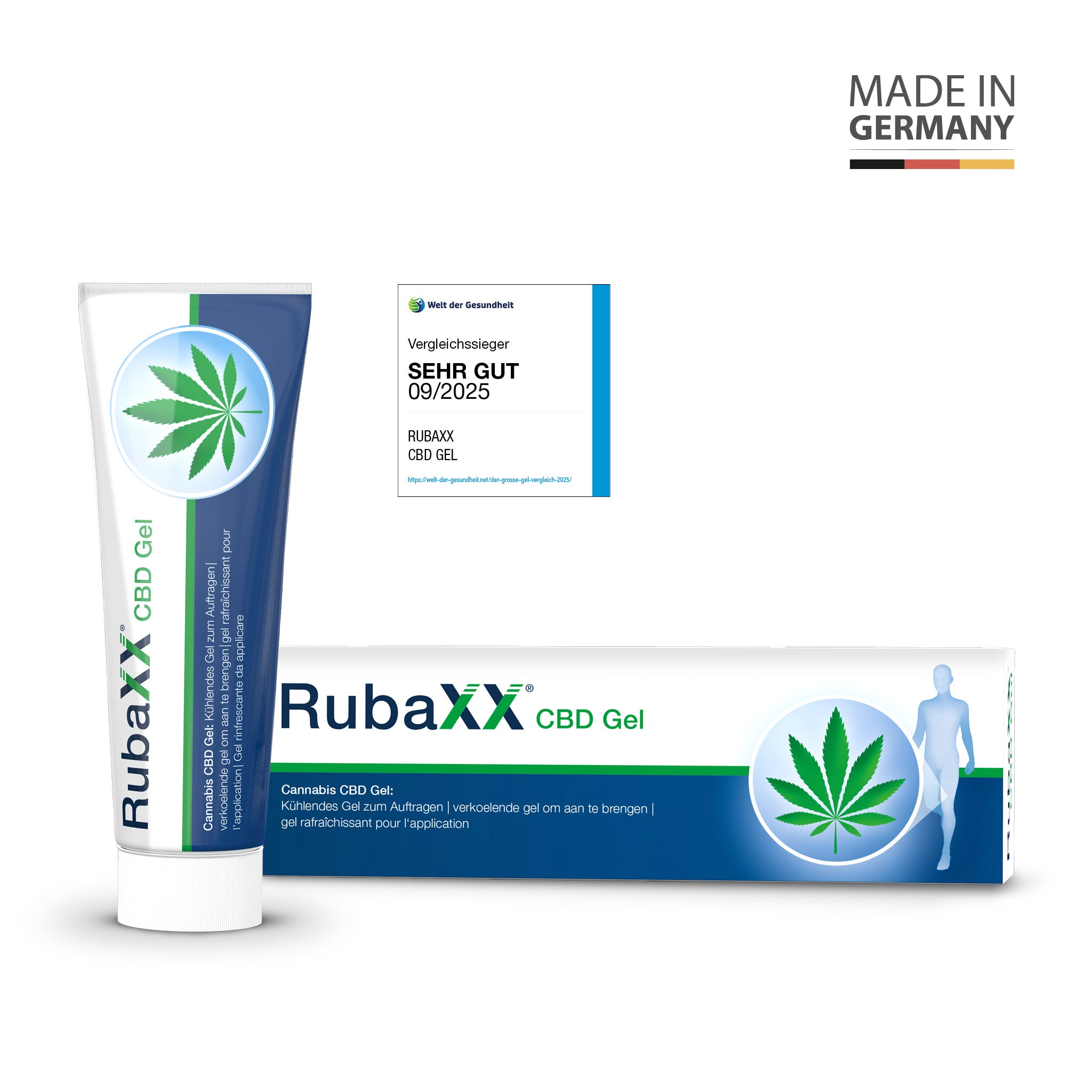 RubaxX CBD Gel in weiß-blauer Tube mit Cannabisblatt-Logo und Qualitätssiegel 'Vergleichssieger SEHR GUT 09/2025'.