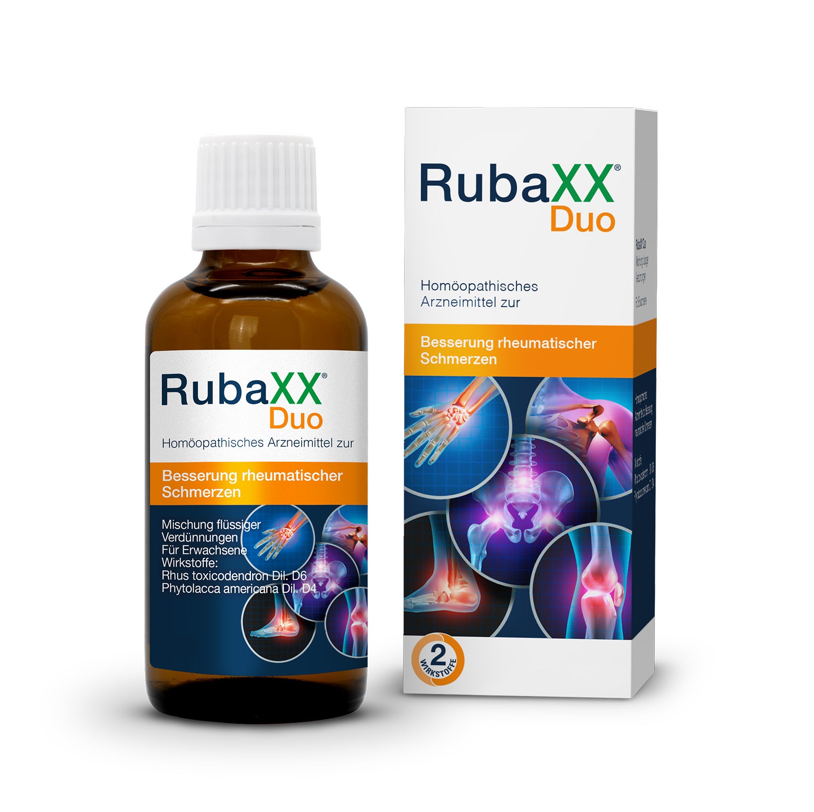 Braune Glasflasche mit weißem Verschluss und Verpackung von RubaXX Duo, homöopathisches Mittel gegen rheumatische Schmerzen.