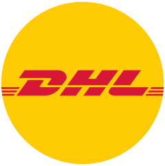 Gelbes DHL-Logo mit roten Buchstaben in einem Kreis, Symbole für schnelle Lieferung