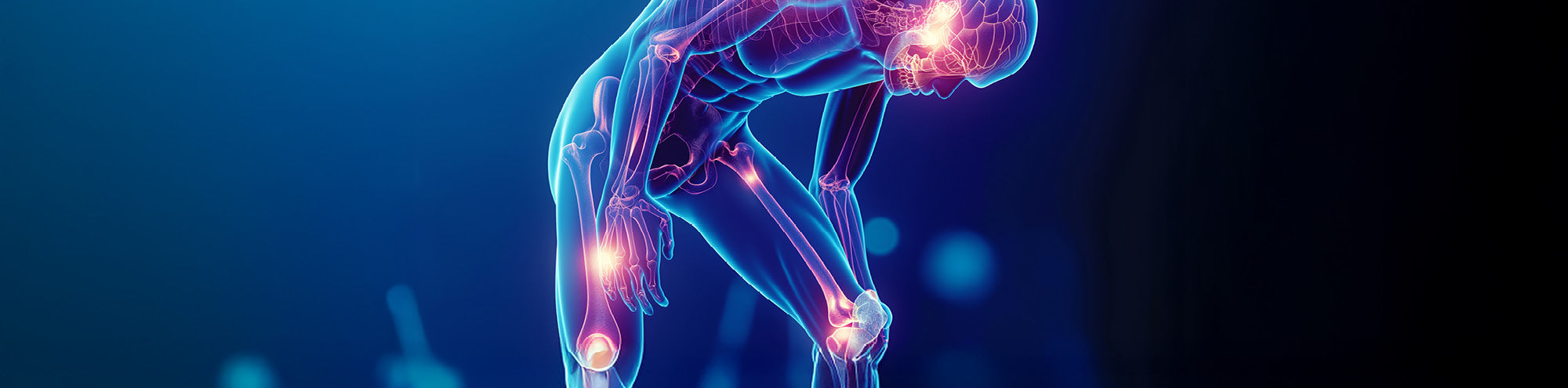 Digitale Darstellung eines gebeugten Körpers mit roten Gelenken zur Veranschaulichung von Schmerzen