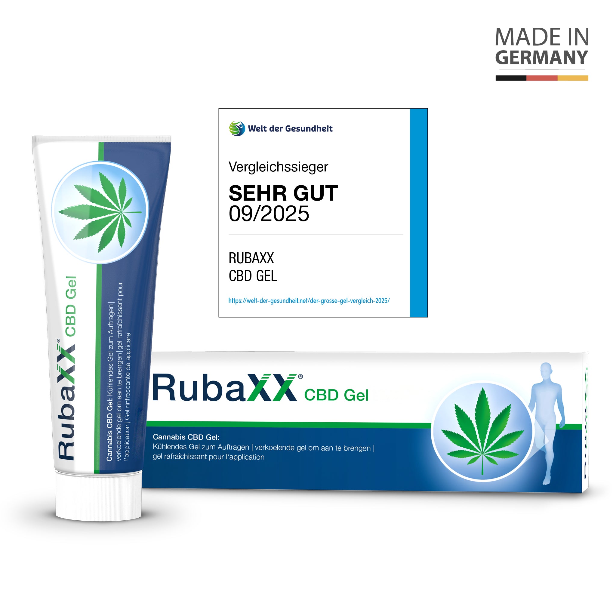 RubaxX CBD Gel in weiß-blauer Tube mit Cannabisblatt-Logo und Qualitätssiegel 'Vergleichssieger SEHR GUT 09/2025'.