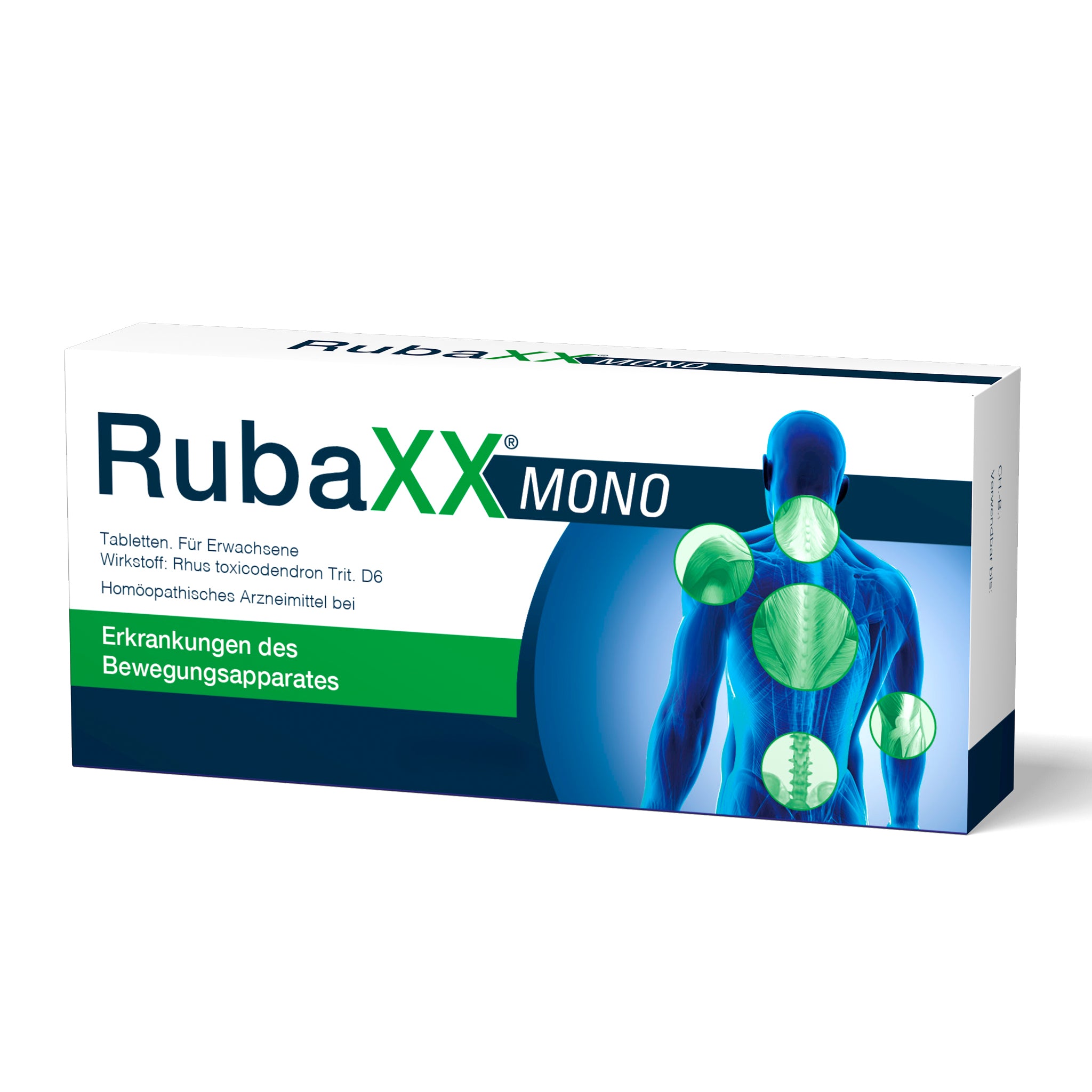 Weißes Arzneimittelpaket RubaXX MONO mit Text zu homöopathischen Tabletten gegen Erkrankungen des Bewegungsapparates.