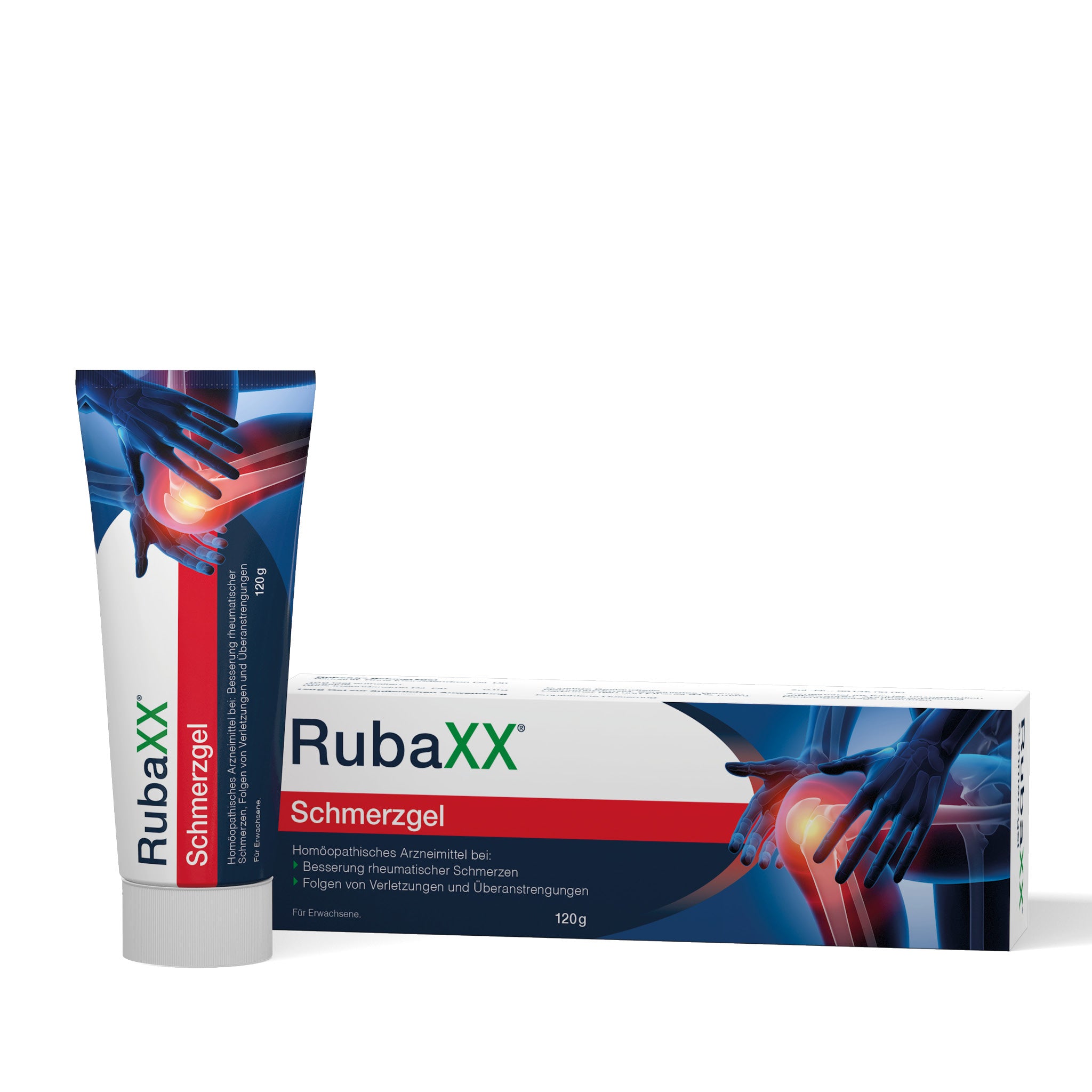 RubaXX Schmerzgel Tube und Verpackung mit rotem Label und Abbildung eines schmerzenden Kniegelenks
