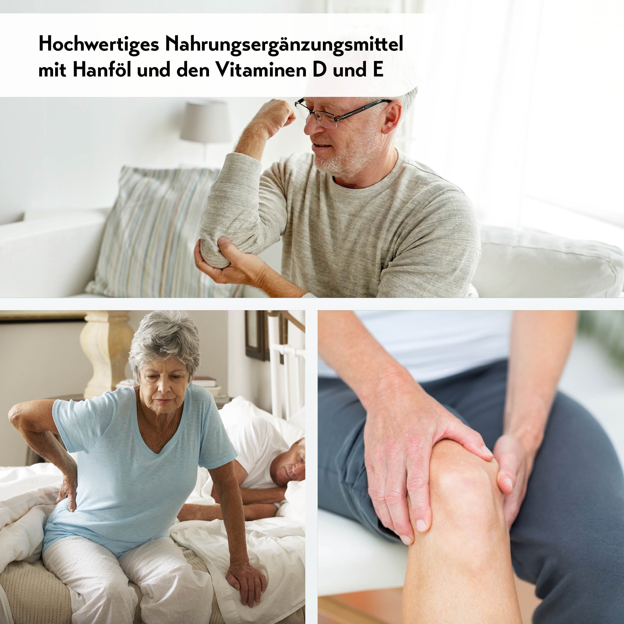 Älterer Mann zeigt Bizeps auf weißem Sofa, Frau hält Rücken, Hände am Knie, Hanföl und Vitamine für Schmerzen.