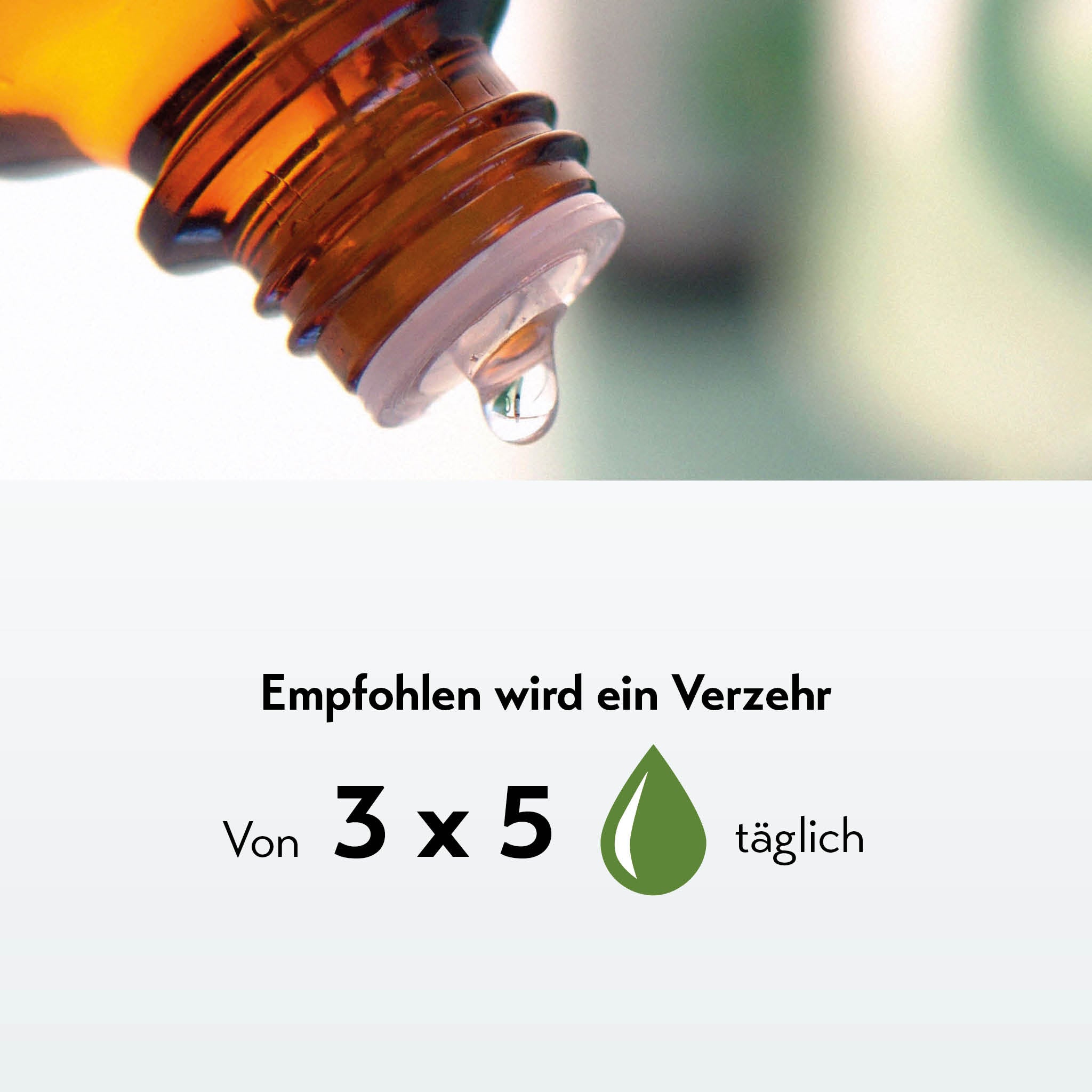 Braune Glasflasche mit Tropfen und Dosierungsempfehlung für Muskel- und Gelenkschmerzen.