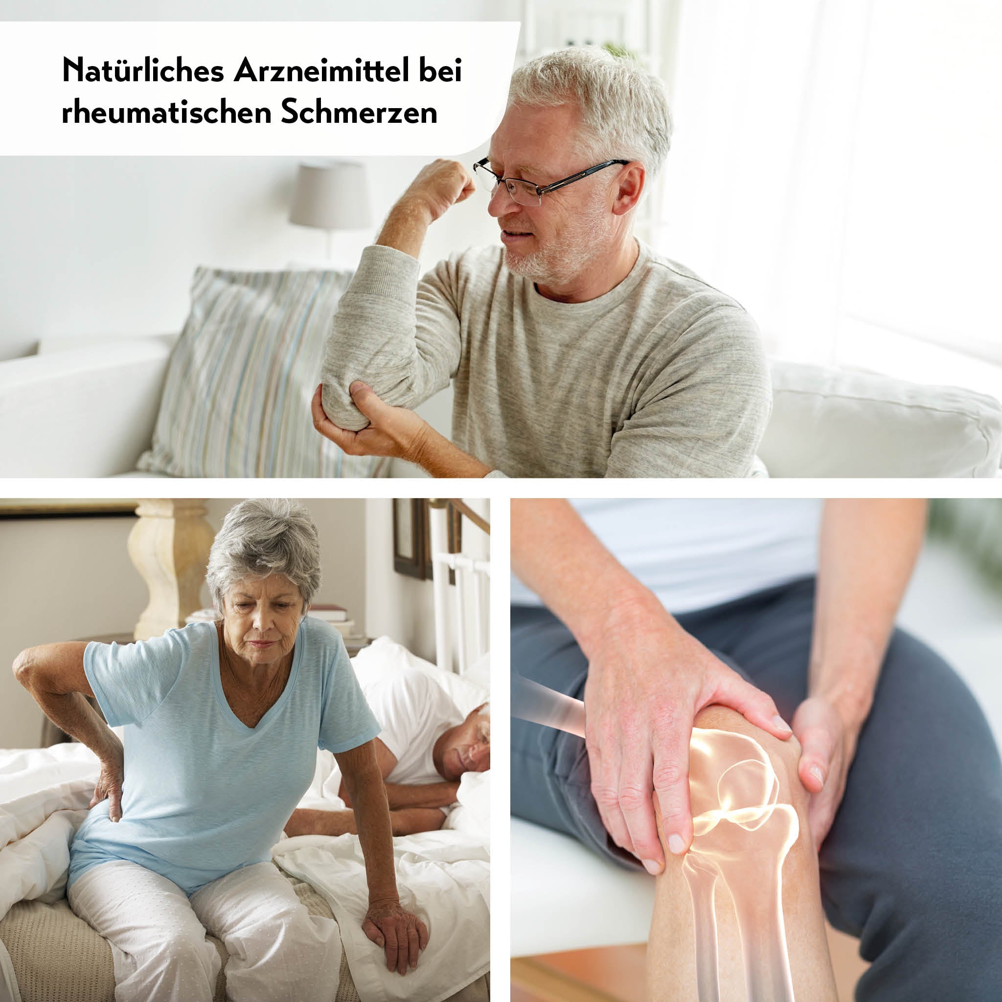 Älterer Mann massiert Ellenbogen, ältere Frau hält unteren Rücken, Hände massieren Knie mit Skelettdarstellung.