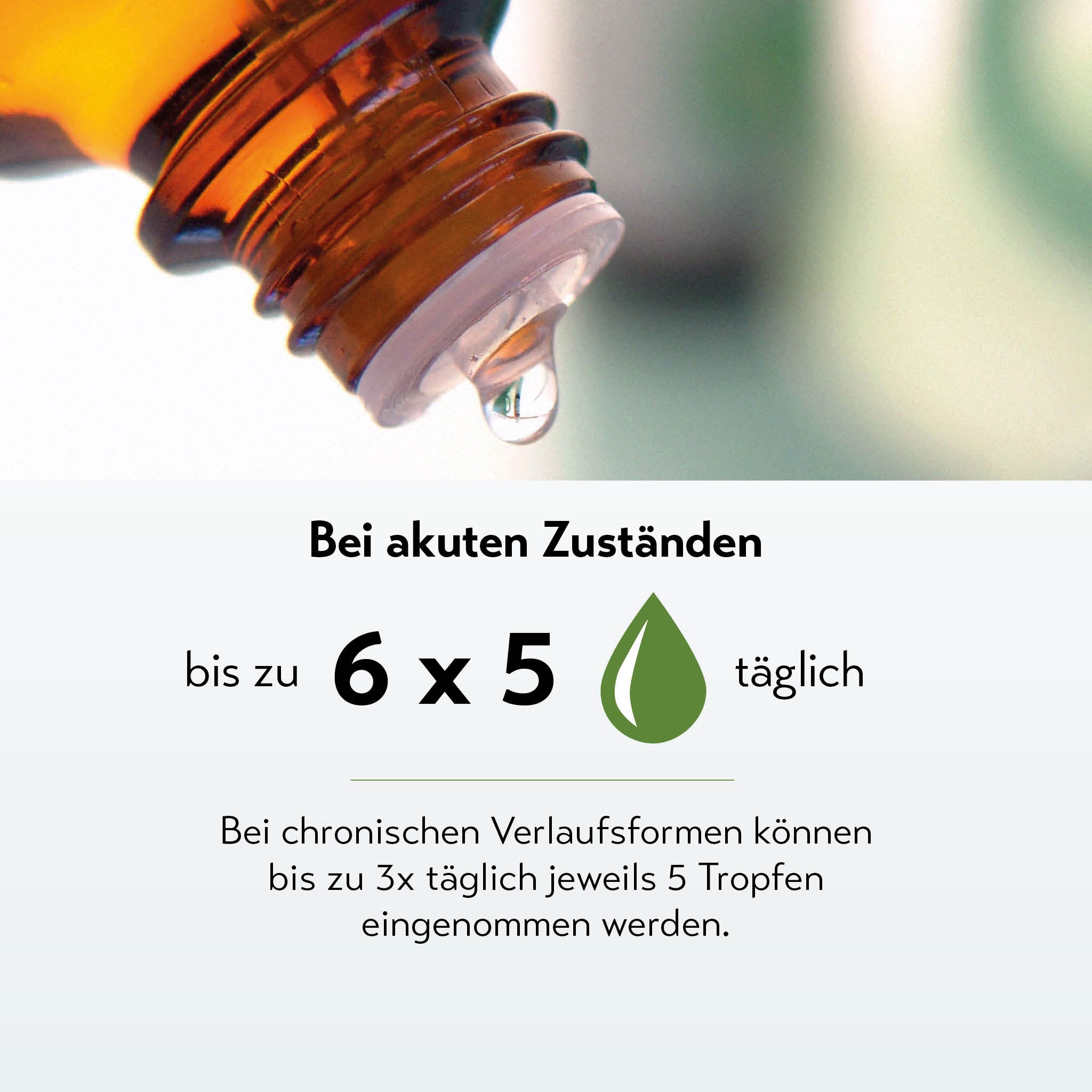 Braune Glasflasche mit Tropfer, daneben Dosierungsanweisung für Muskel- und Gelenkschmerzen mit grünem Symbol.