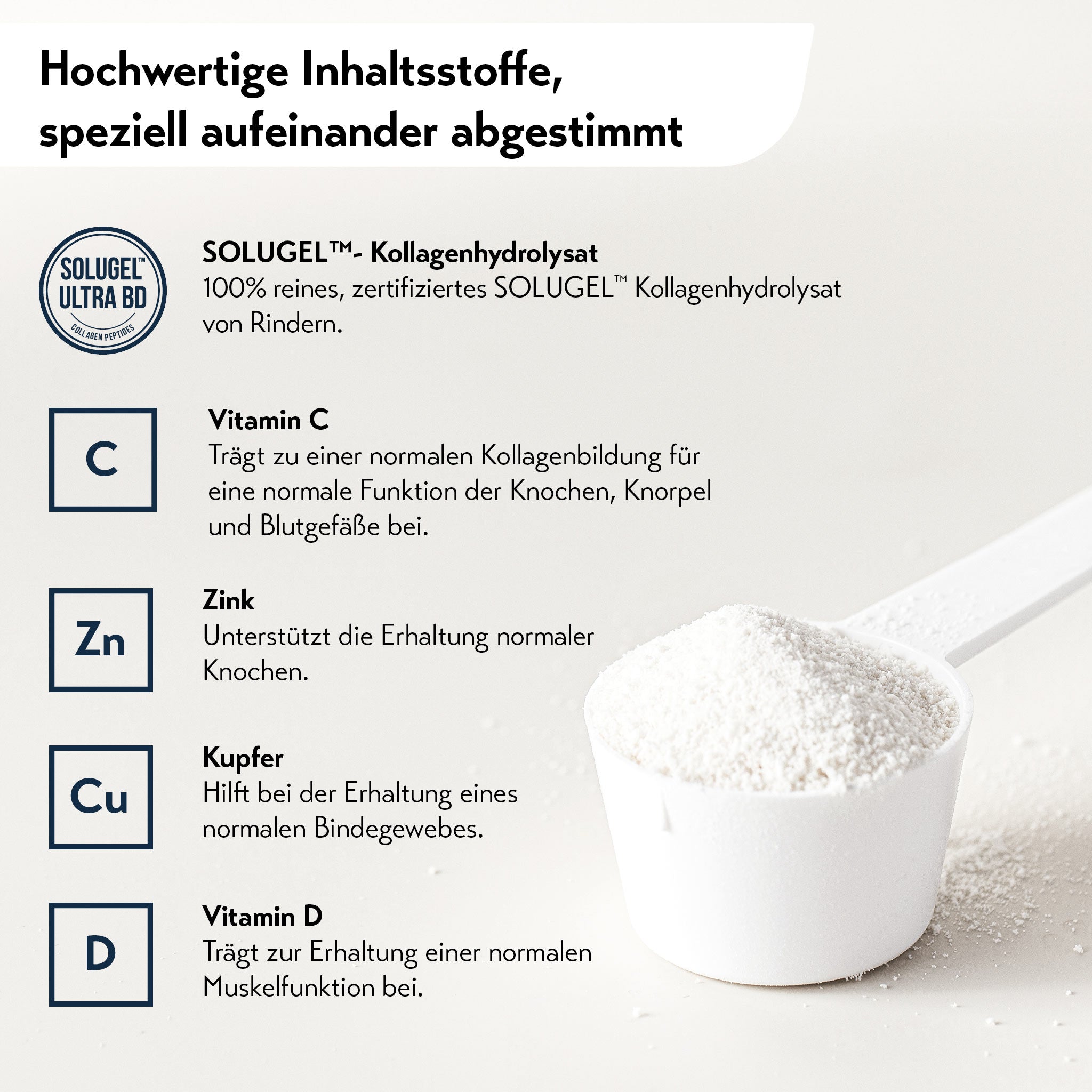 Weiße Kunststoffmesslöffel mit SOLUGEL Kollagenhydrolysat und Infos zu Vitamin C, D, Zink und Kupfer.