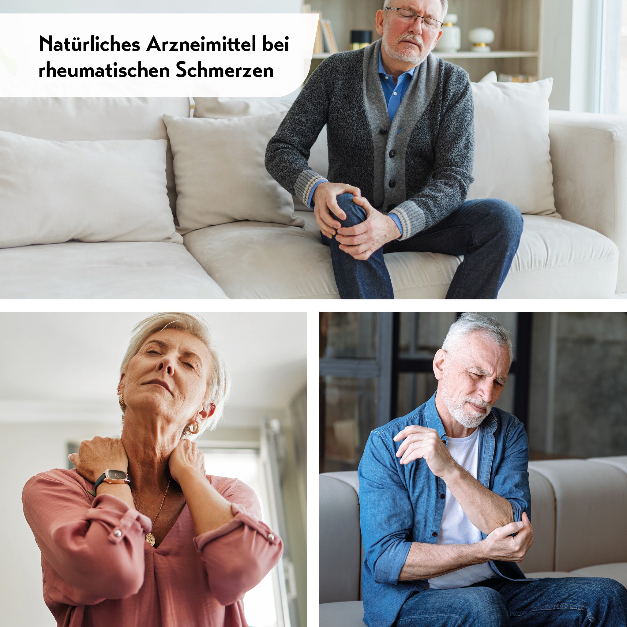 Ältere Menschen halten Knie, Nacken und Ellenbogen, thematisieren rheumatische Schmerzen.