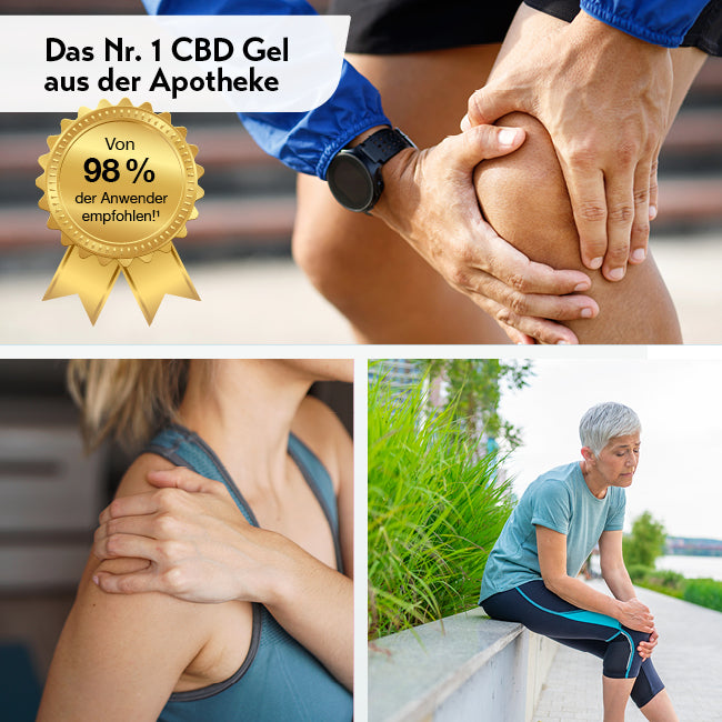 Person in Sportbekleidung hält schmerzendes Knie mit CBD-Gel-Verpackung im Hintergrund.