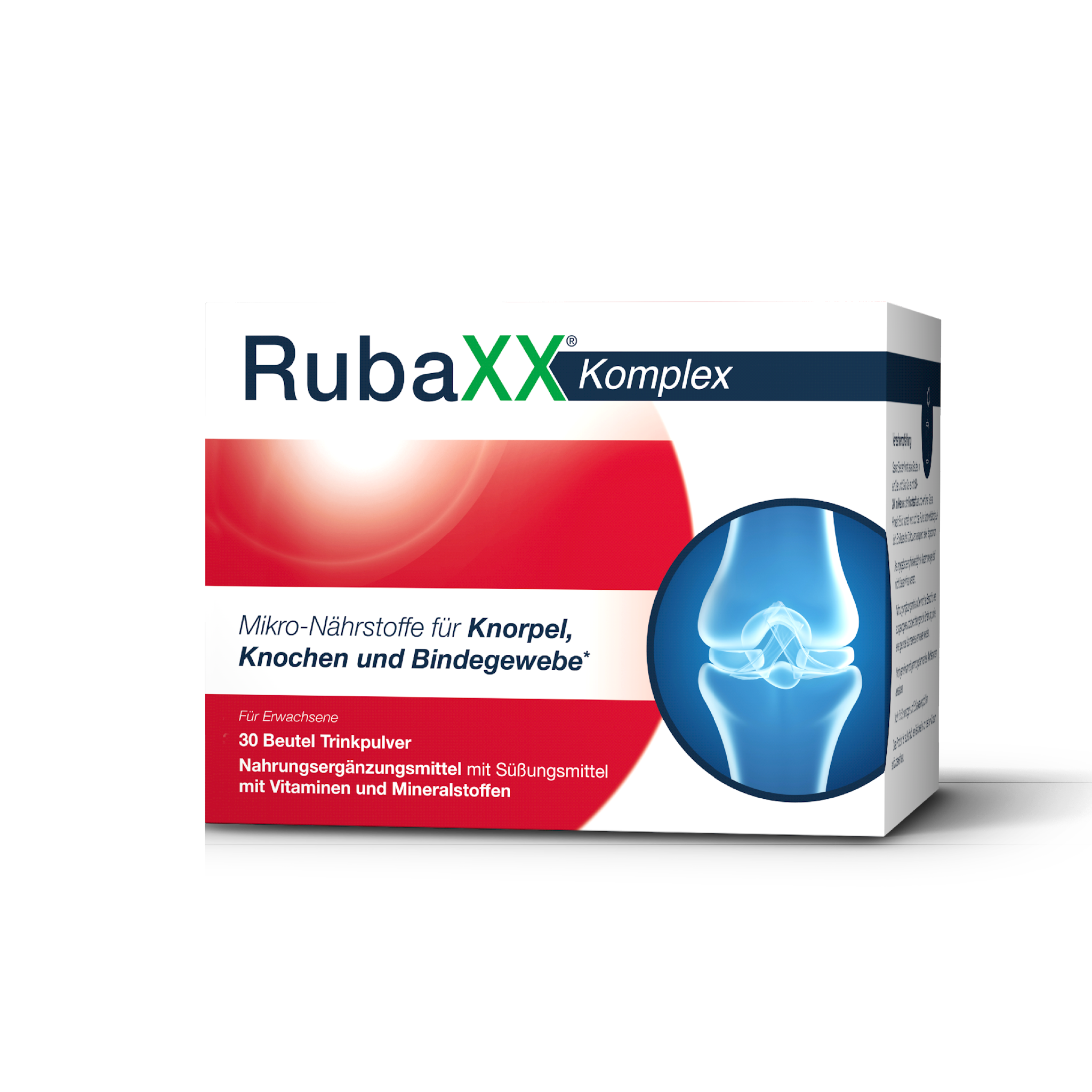 Weiße Verpackung von RubaXX Komplex mit rotem Verlauf und blauer Kniegelenk-Grafik zur Unterstützung von Knorpel.