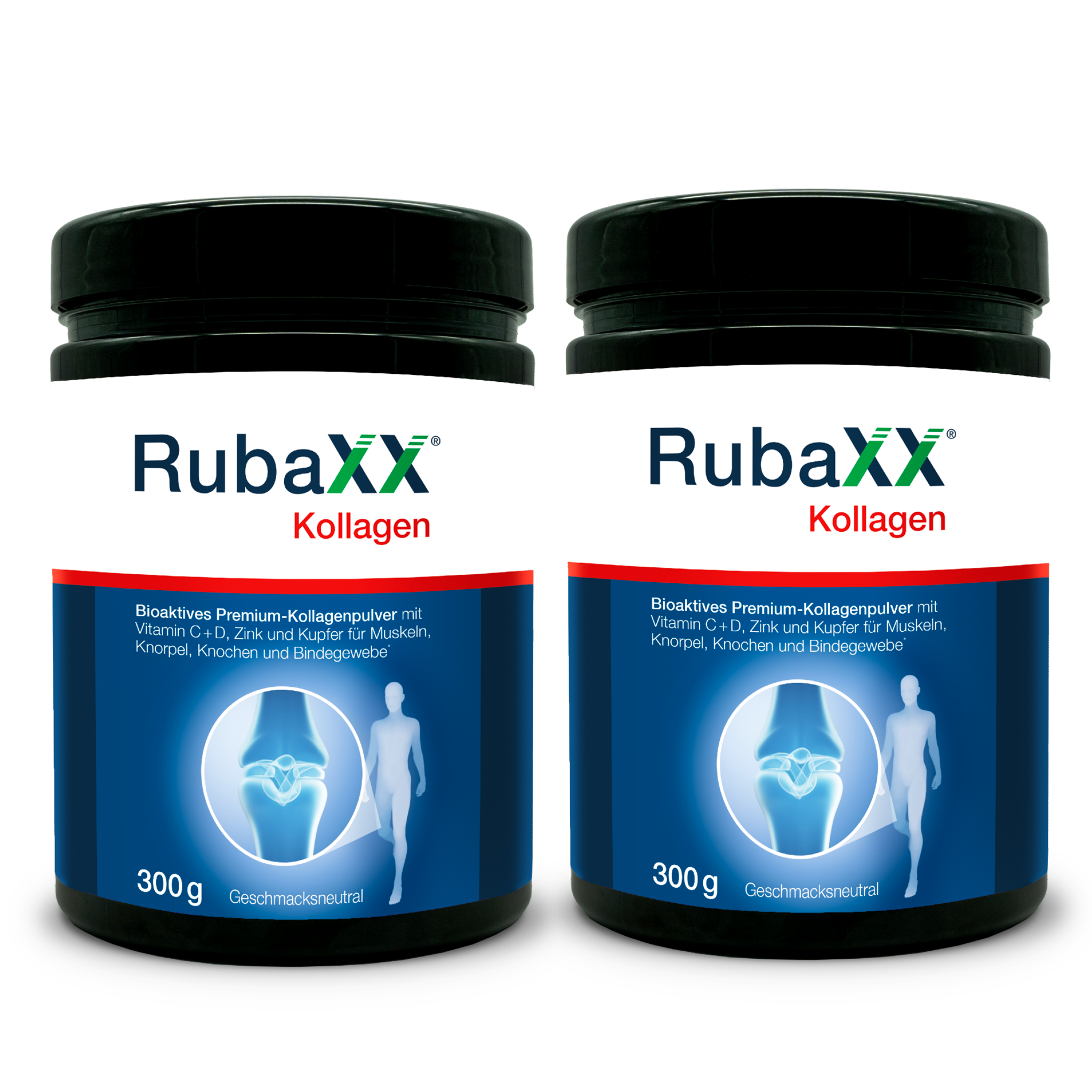 Zwei schwarze Dosen RubaXX Kollagenpulver à 300 g, neutral, zur Unterstützung von Muskeln und Gelenken.