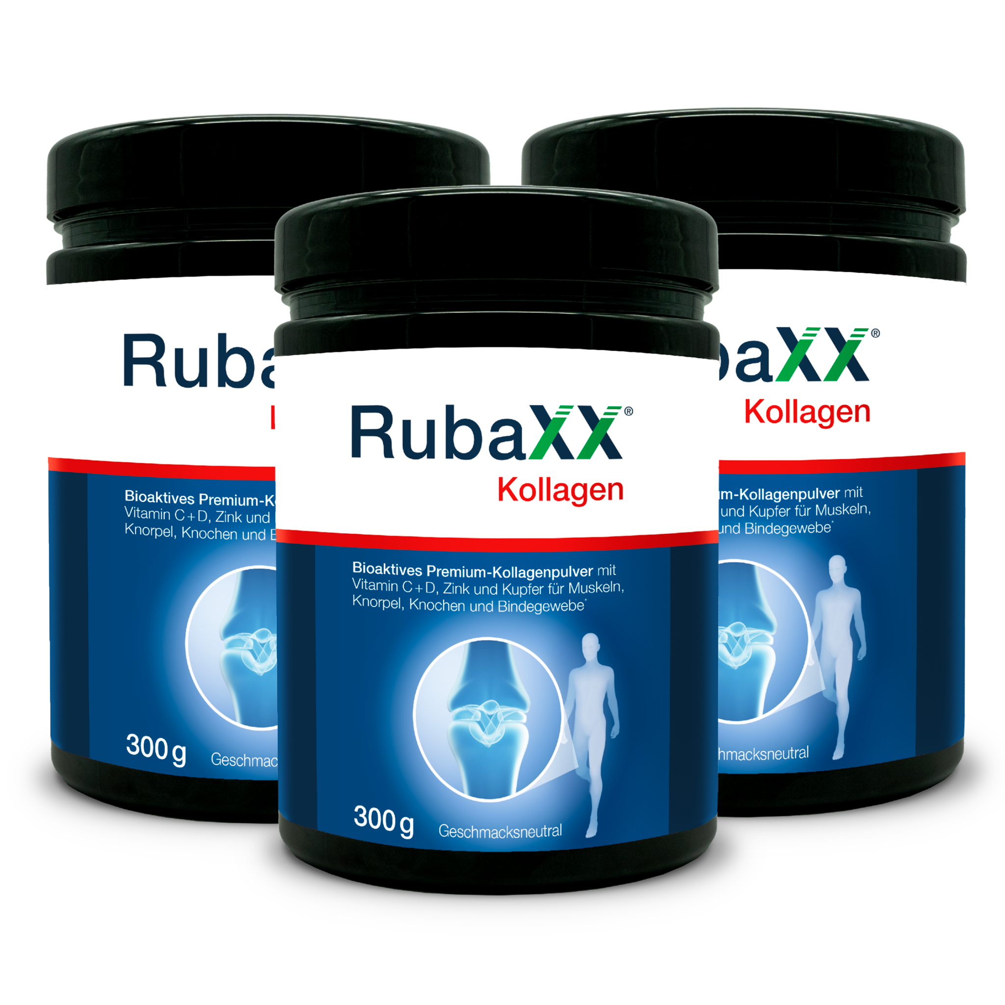 Drei schwarze Rubaxx Kollagen Premium Behälter mit weißen Etiketten zur Unterstützung von Muskeln, Gelenken und Knochen.