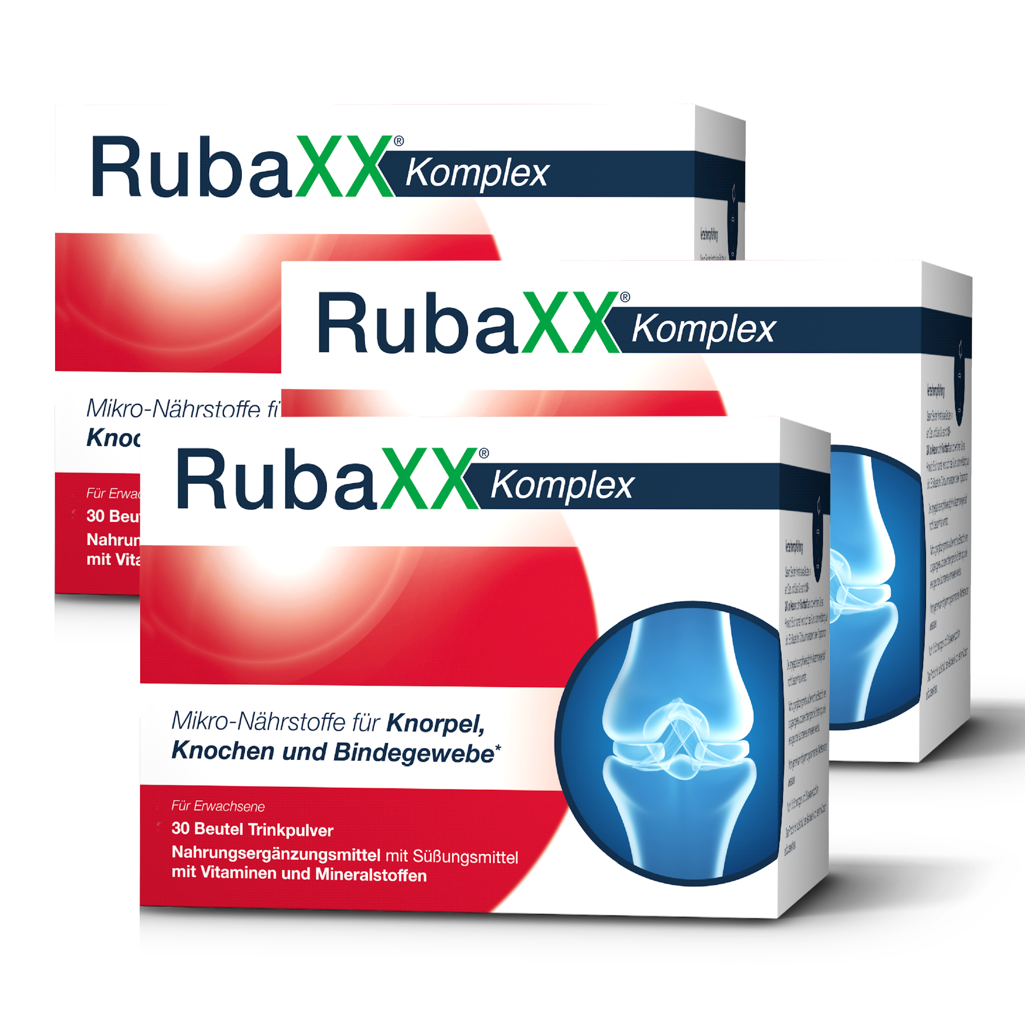 Drei RubaXX Komplex Trinkpulver Verpackungen mit Knie-Röntgenbild im Hintergrund.