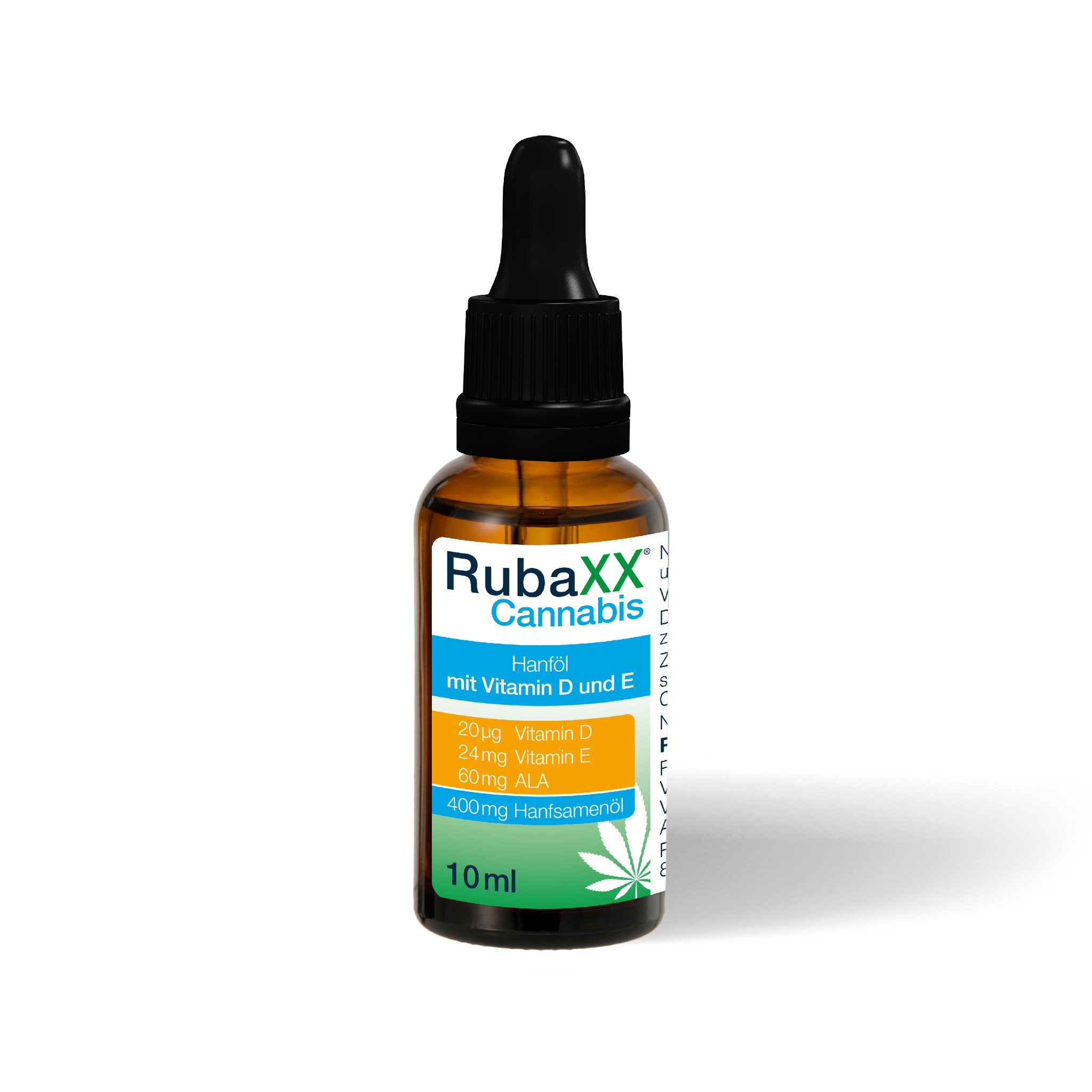 Kleine bernsteinfarbene Glasflasche mit schwarzem Tropfverschluss und RubaXX Cannabis Hanföl-Logo.