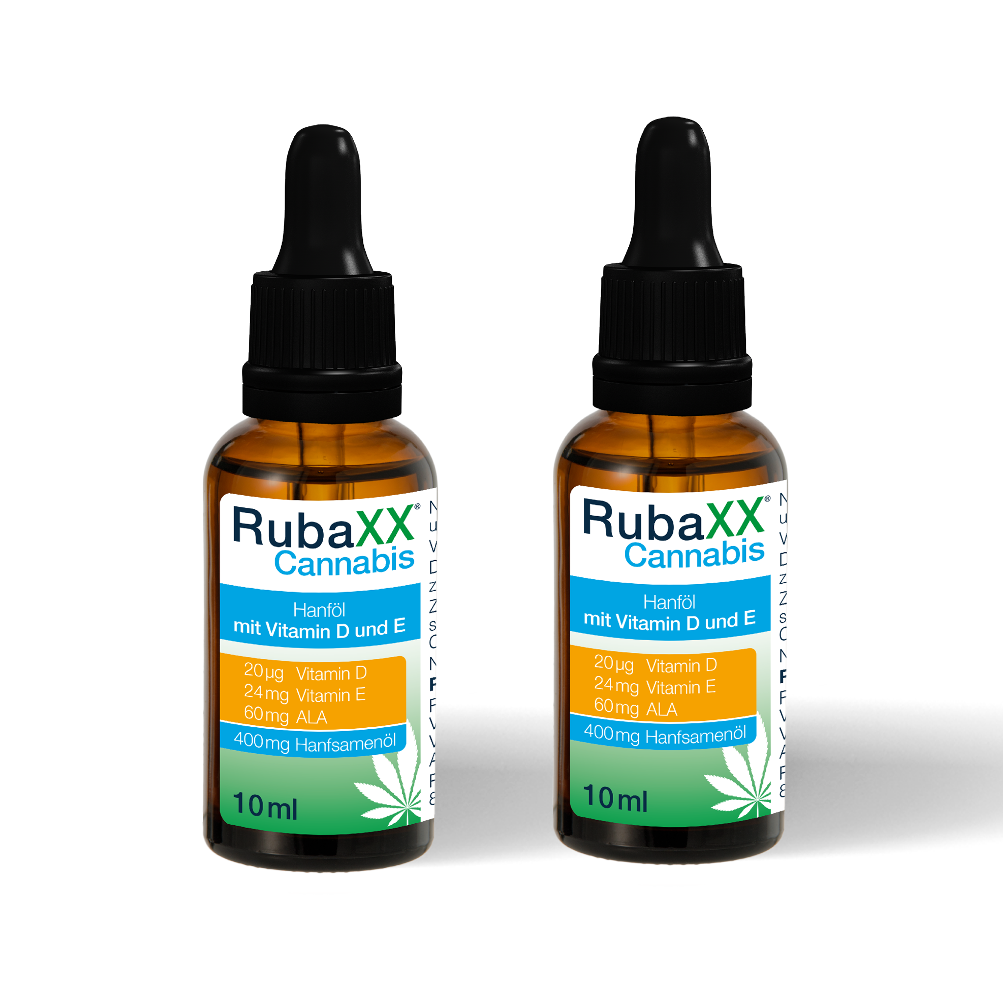 Zwei bernsteinfarbene Glasflaschen mit Pipette, RubaXX Cannabis Hanföl, 10ml, auf weißem Hintergrund.