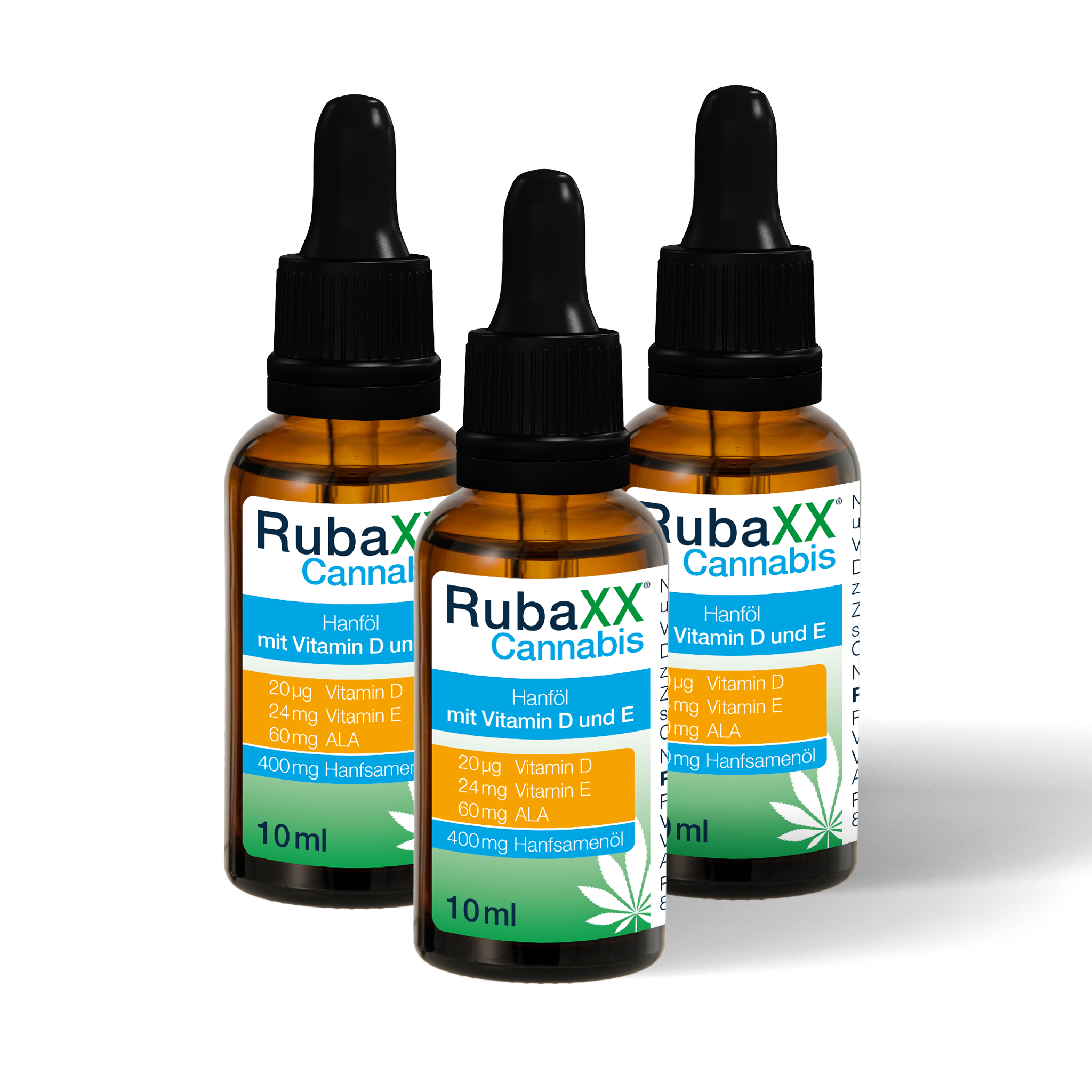 Drei bernsteinfarbene Tropfflaschen mit weißen Etiketten, RubaXX Cannabis Hanföl mit Vitaminen, 10 ml
