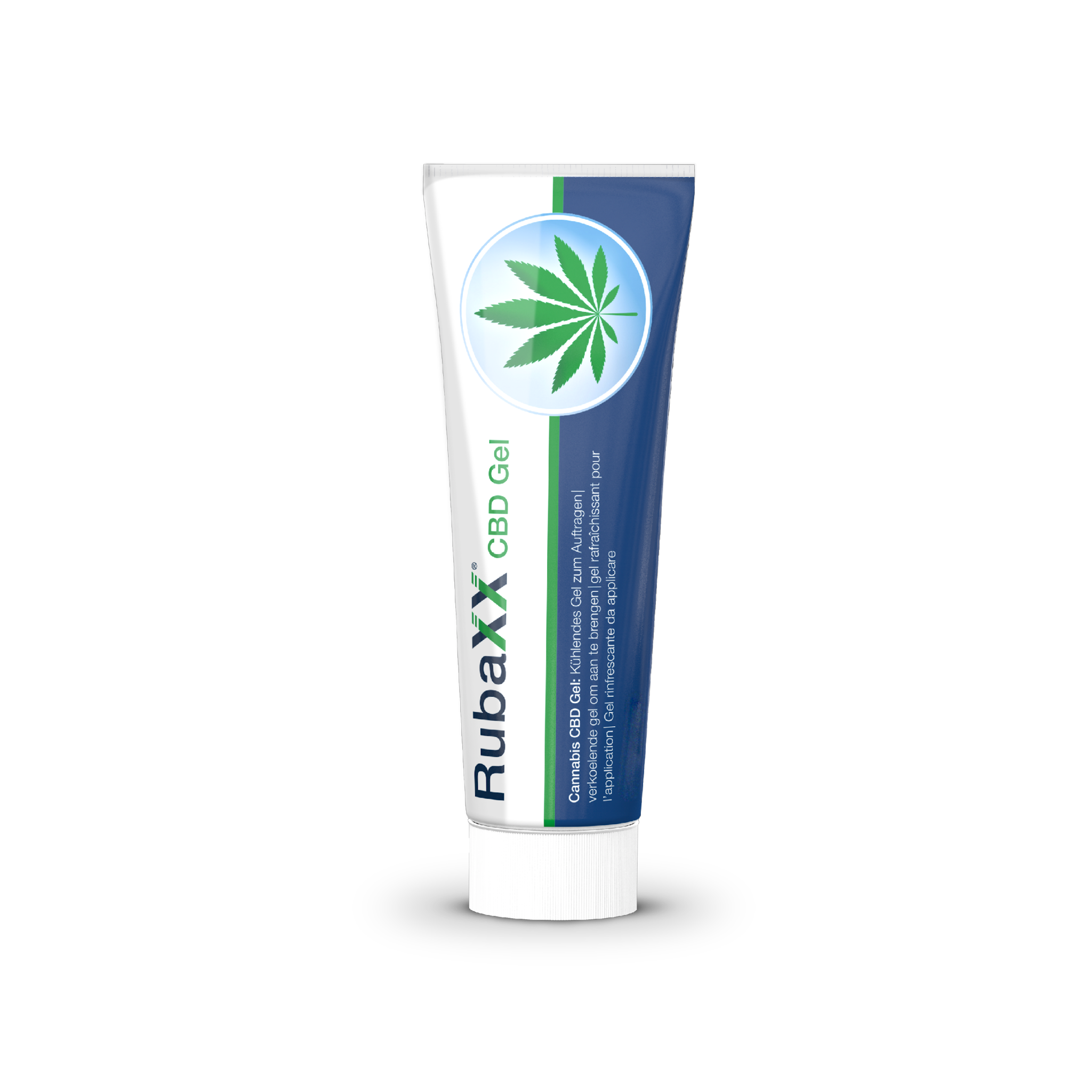 RubaxX CBD Gel in einer Tube mit weiß-blauem Etikett, grünem Cannabisblatt, zur Anwendung bei Muskel- und Gelenkschmerzen.