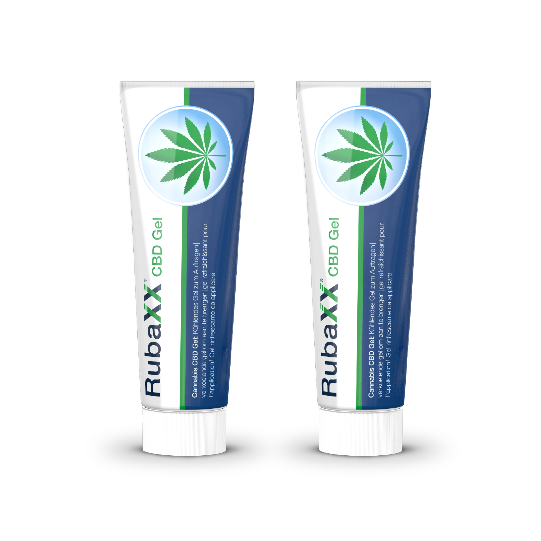 Zwei Tuben RubaXX CBD kühlendes Cannabis-Gel mit Hanfblatt, in weiß-blauer Verpackung für Muskel- und Gelenkschmerzen