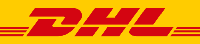 Rotes Zahlensymbol 7 mit gelbem Balken neben dem roten DHL-Logo auf weißem Hintergrund