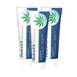 Drei HubaXX-Cremetuben in verschiedenen Größen mit grünem Blattlogo zur Schmerzbehandlung