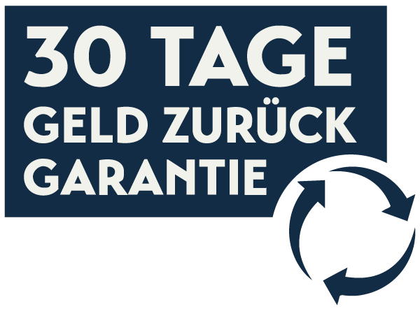 Dunkelblaues rechteckiges Abzeichen mit weißem Text '30 Tage Geld-zurück-Garantie' und weißem Recycling-Pfeil-Symbol