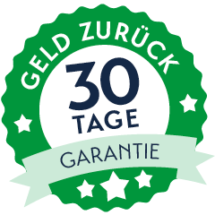 Grünes Garantiesiegel mit weißem Sternrand und dem Schriftzug "30 Tage Geld-zurück-Garantie"