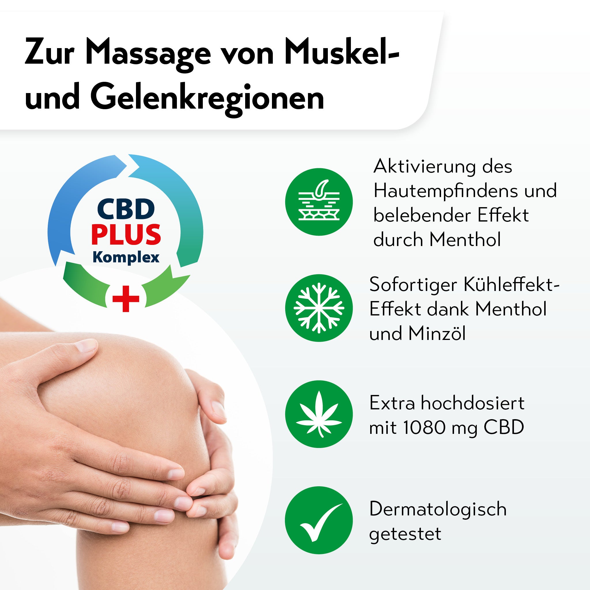 Hände massieren ein Knie zur Pflege von Muskeln und Gelenken mit CBD PLUS Komplex und Mentholkühleffekt.