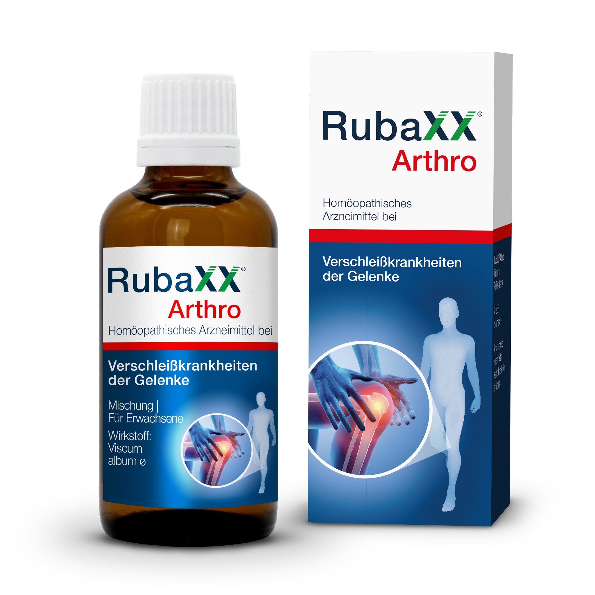 Braune Glasflasche mit weißem Deckel und Verpackung von Rubaxx Arthro, homöopathisches Arzneimittel gegen Gelenkverschleiß