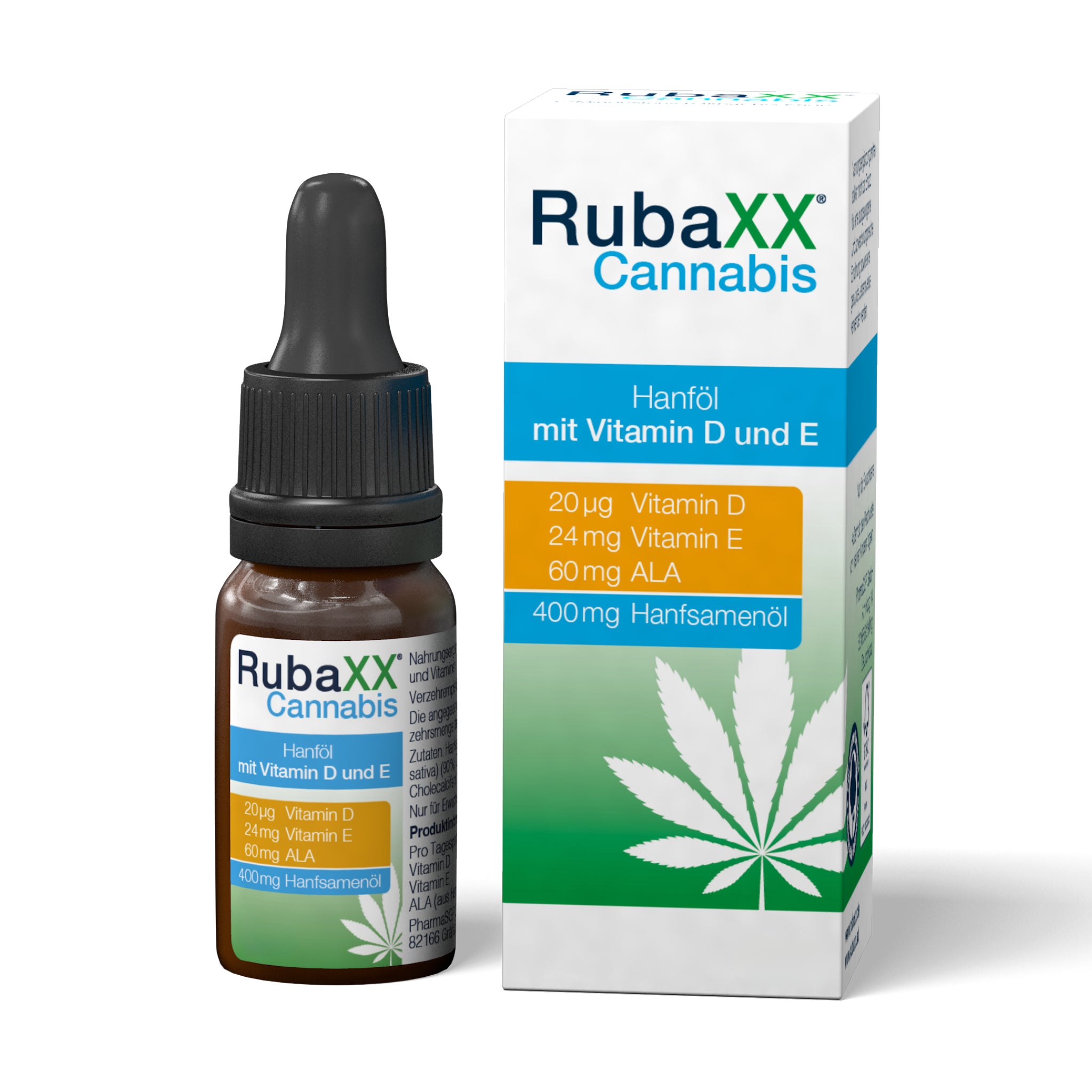RubaXX Cannabis Hanföl in brauner Tropfflasche neben Verpackung mit Vitamin D, E und ALA Angaben