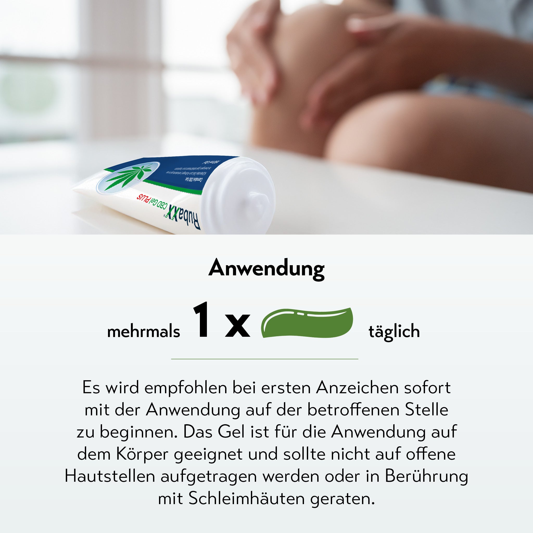 Tube Rubaxx CBD Gel Plus mit Anwendungshinweisen und Hand, die sanft ein Knie berührt
