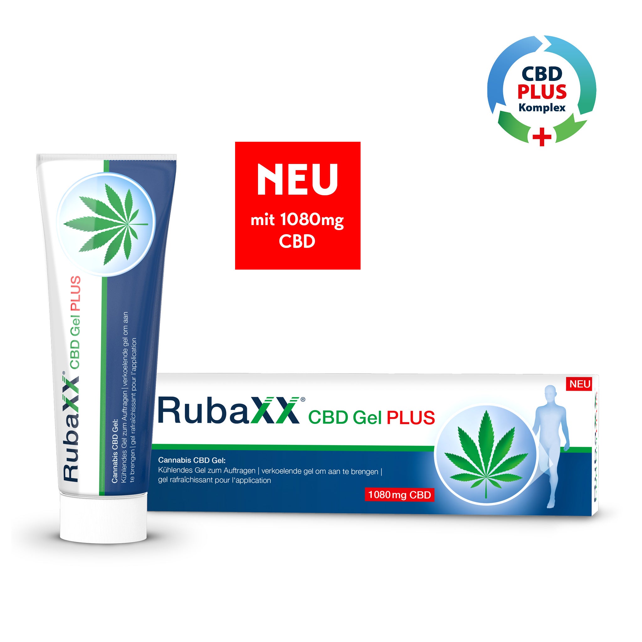 Verpackung von RubaxX CBD Gel PLUS mit Tube und Karton vor weißem Hintergrund.