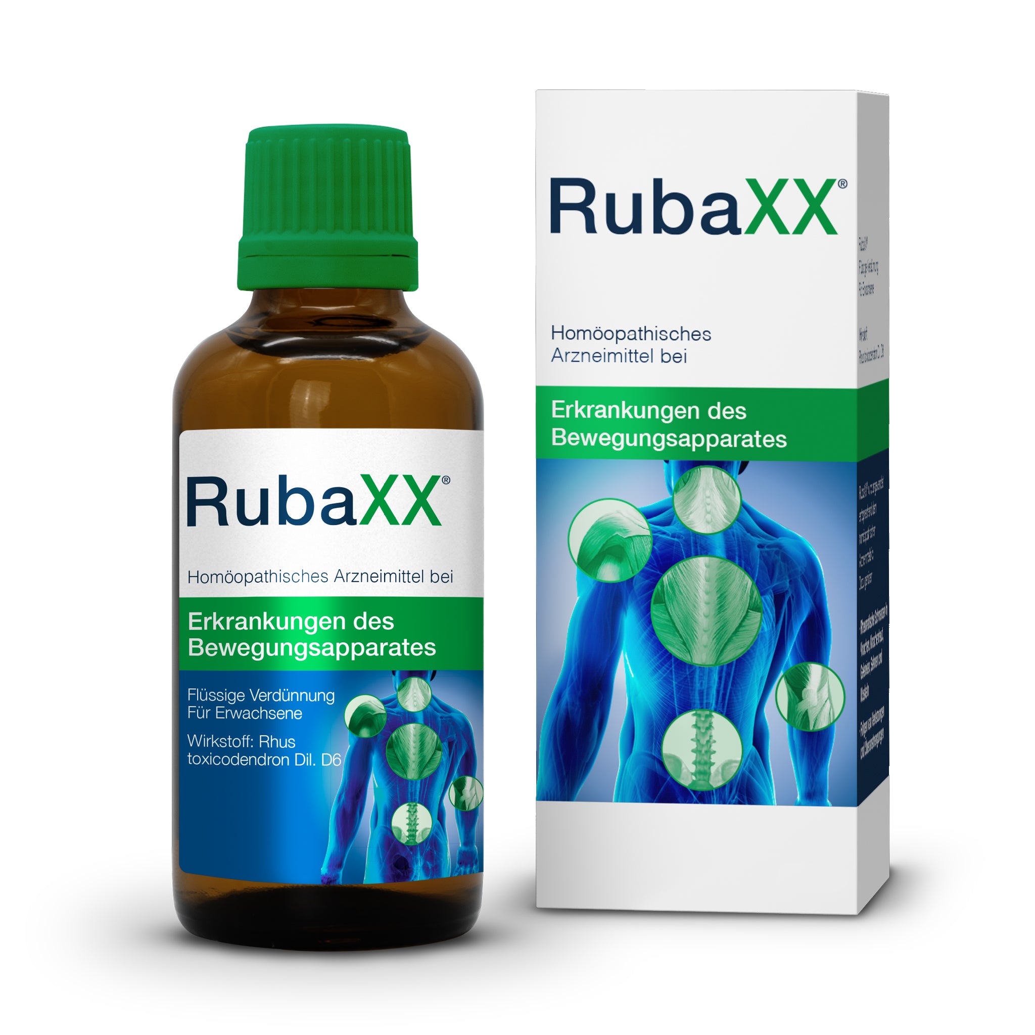 Homöopathisches Arzneimittel RubaXX mit brauner Glasflasche und weißer Verpackung