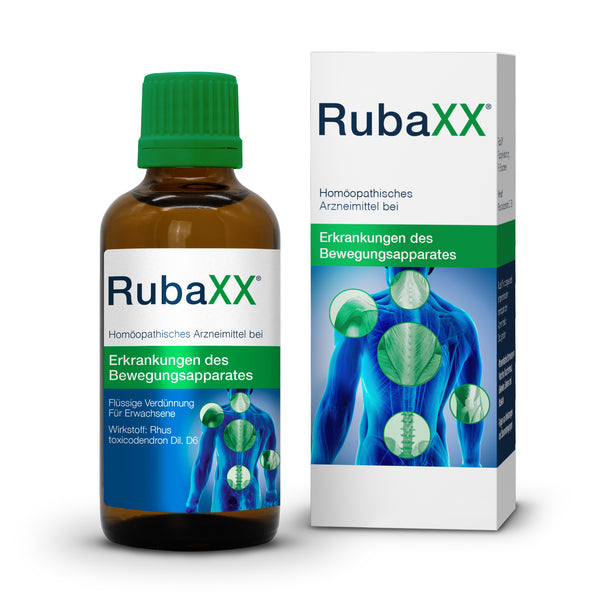 Homöopathisches Arzneimittel RubaXX mit brauner Glasflasche und weißer Verpackung