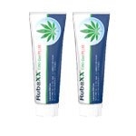 Zwei Tuben ReleafX™ Schmerzcreme mit blau-weißer Verpackung und grünem Blattlogo